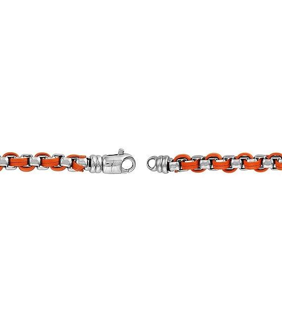 Bulova Men's Orange Leather & Sterling Silver Box Chain Line Bracelet Product Image