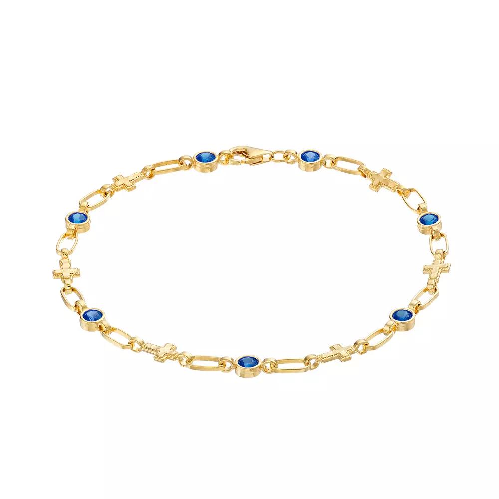 Kristen Kesho 18K Gold Plated Sterling Silver Lab-Created Blue Sapphire Cross Bracelet, Women's, Size: 7.5", Gold Tone Product Image