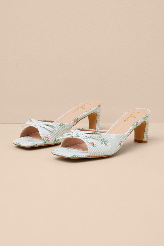 Gilzean Green Gingham Bow High Heel Slide Sandals Product Image