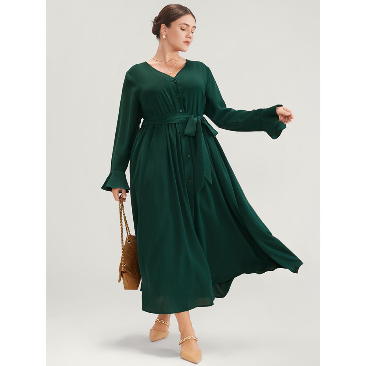 Plus Size Solid V Neck Ruffled Button Detail Belted Split Maxi Dress Green Women Elegant Pocket V-neck Long Sleeve Curvy Long Dress BloomChic 28/5X Product Image