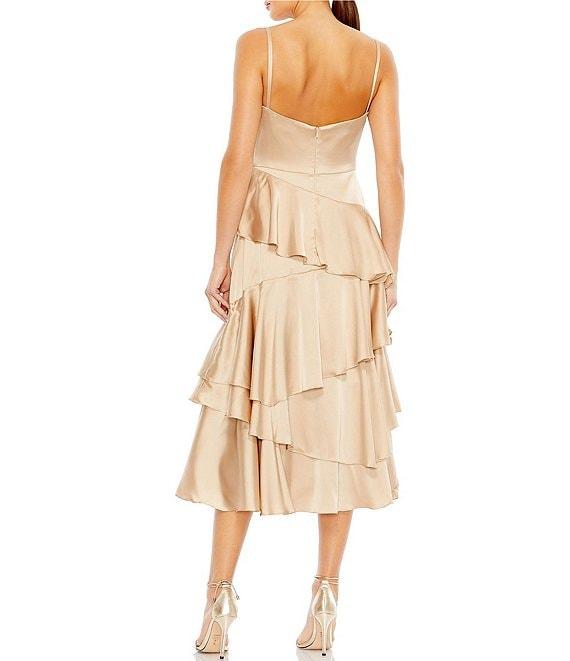 Mac Duggal Charmeuse Cowl Neck Tiered Ruffled Midi Dress Product Image