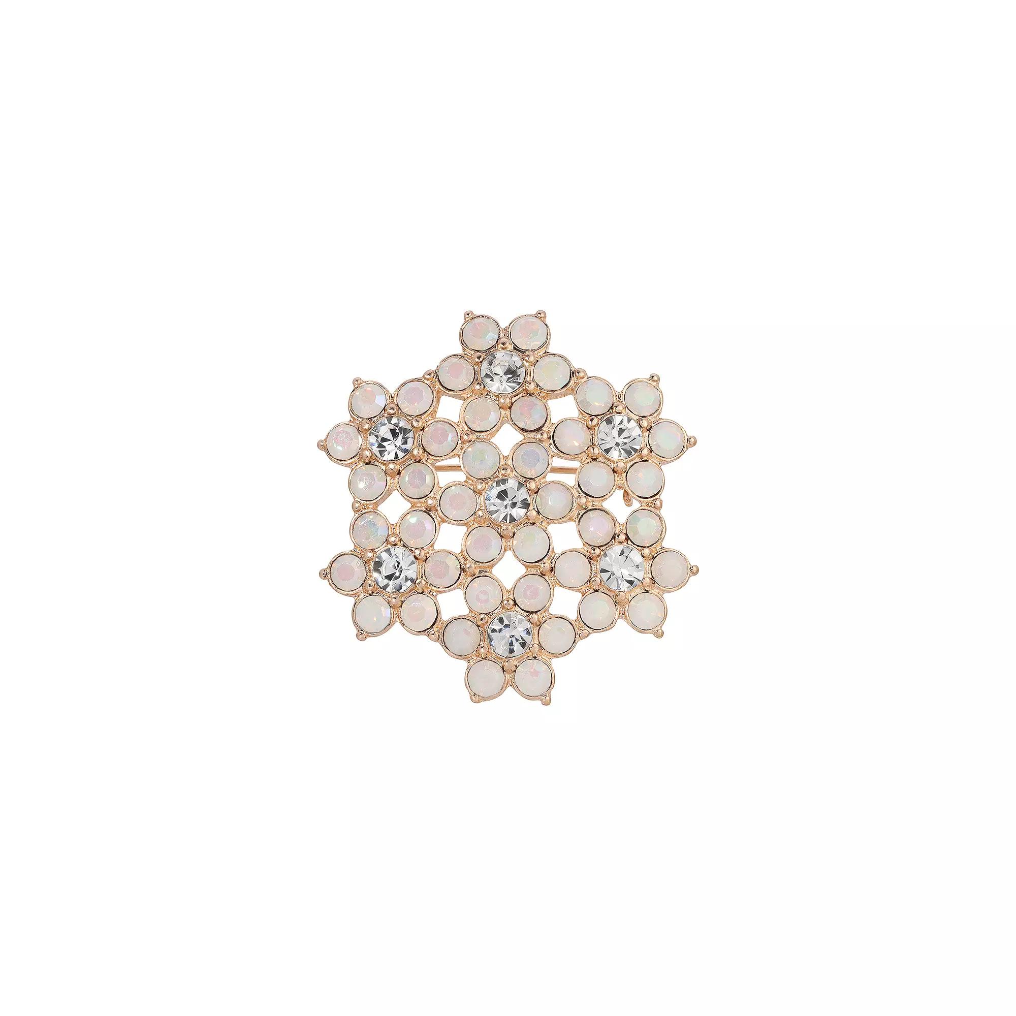 1928 Gold Tone Simulated White Opal Crystal Flower Brooch, Women's Product Image