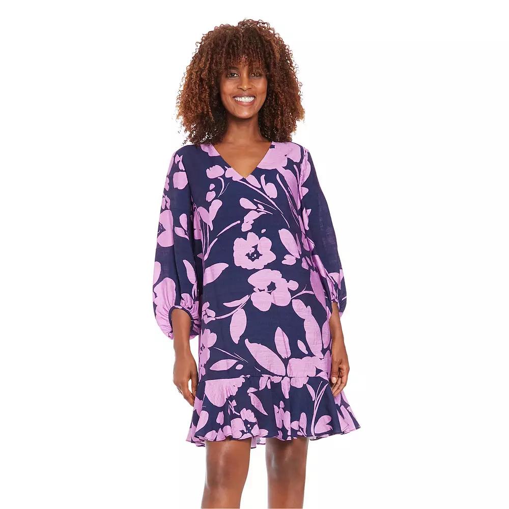 Women's London Times V-Neck Bishop Sleeve Flounce Hem Shift Dress,  Product Image