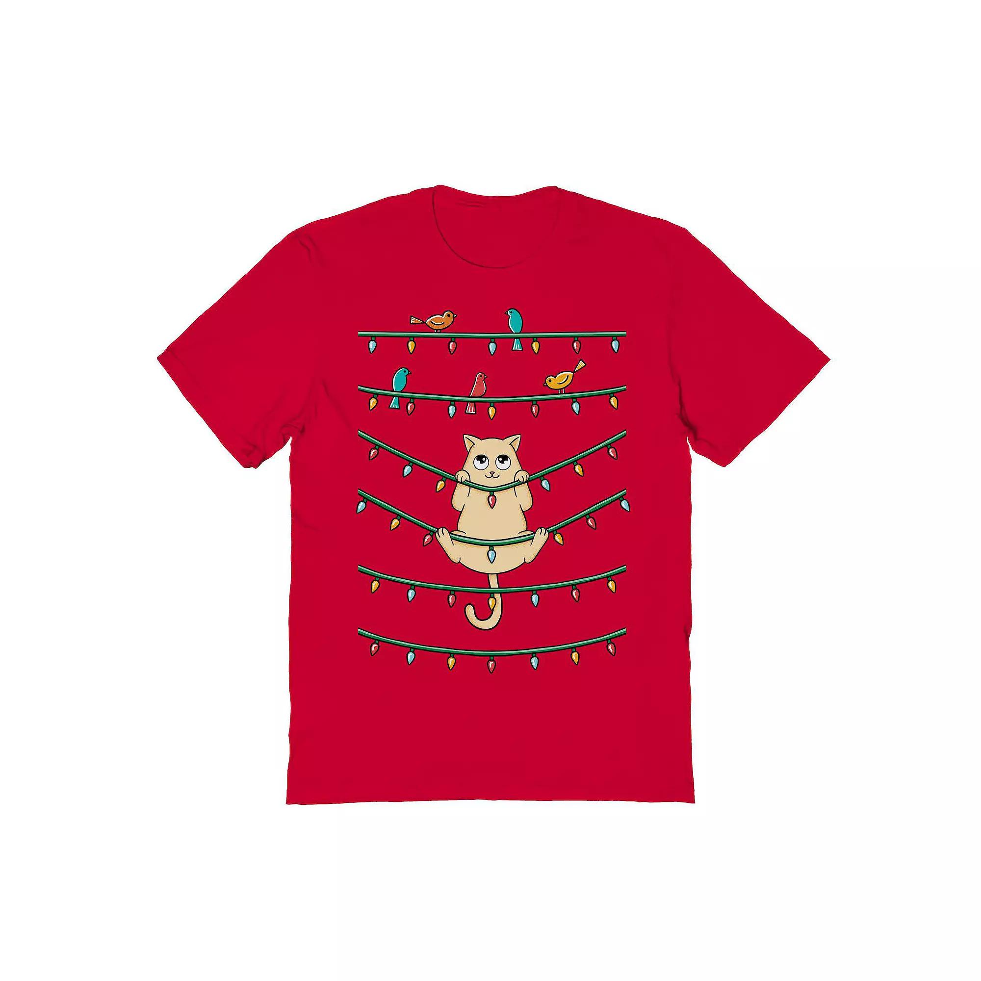 Men's Cat and Birds Christmas Graphic Tee, Size: Small, Red Product Image