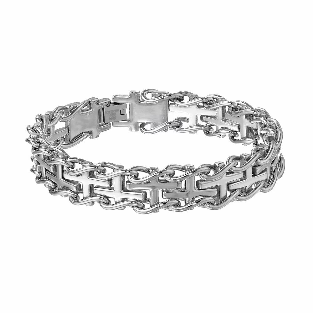 LYNX Stainless Steel Sideways Cross Railroad Bracelet - Men, Men's, Size: 9", Grey Product Image