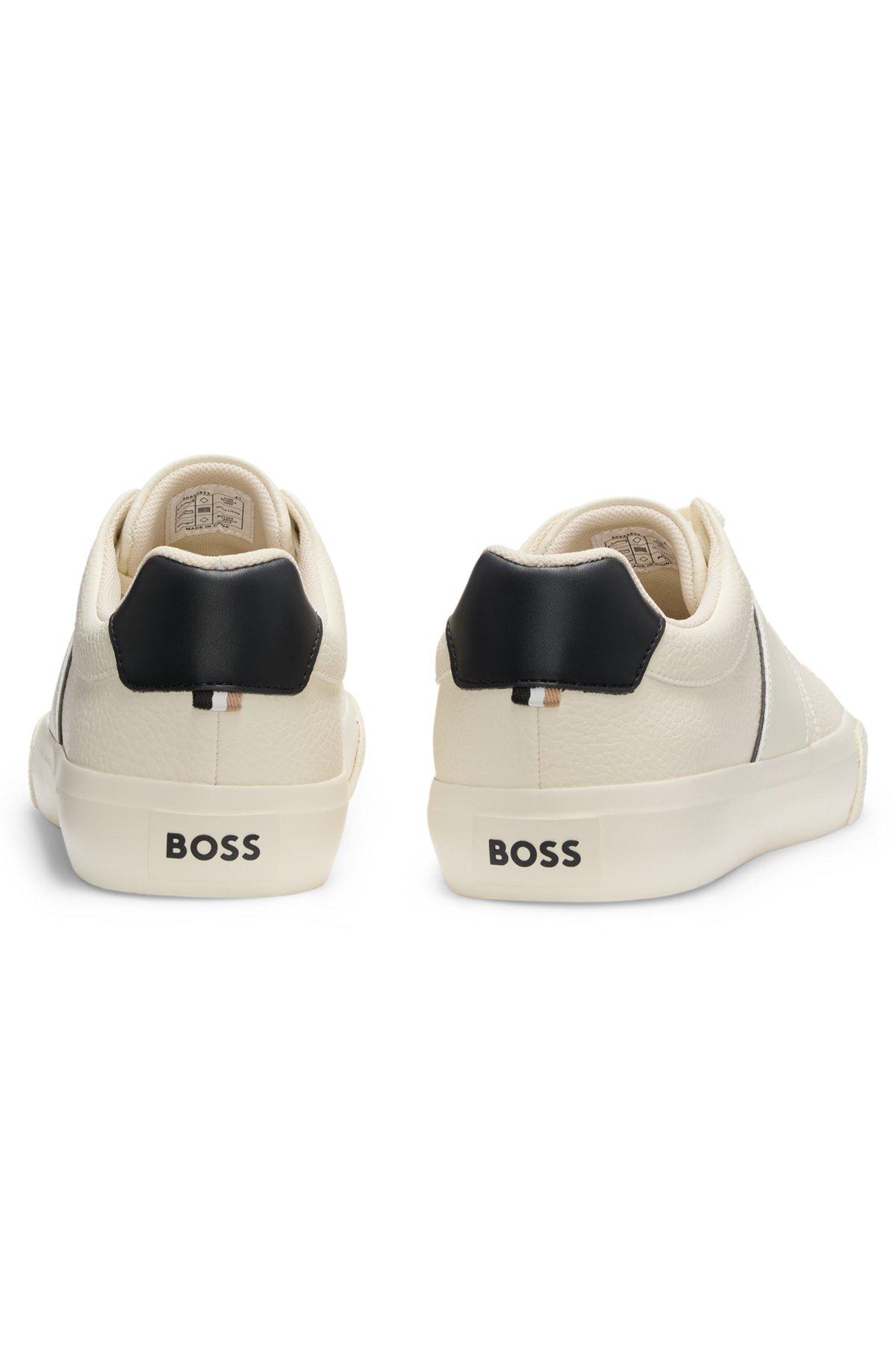 BOSS - Faux-leather trainers with plain and grained textures - White Product Image