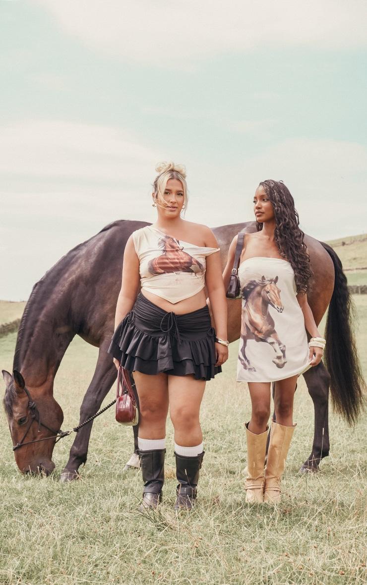 Plus Black Ruched Ruffle Detail Mini Skirt Product Image