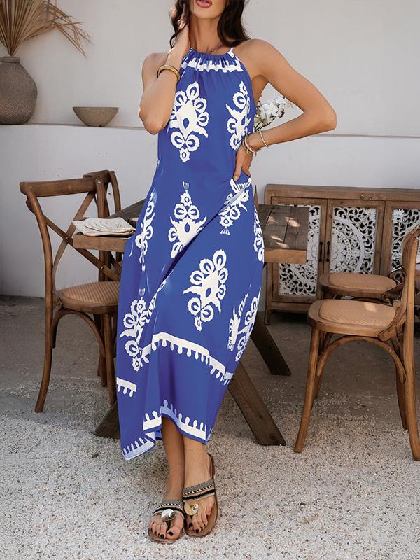A-Line Loose Contrast Color Halter-Neck Maxi Dresses Product Image