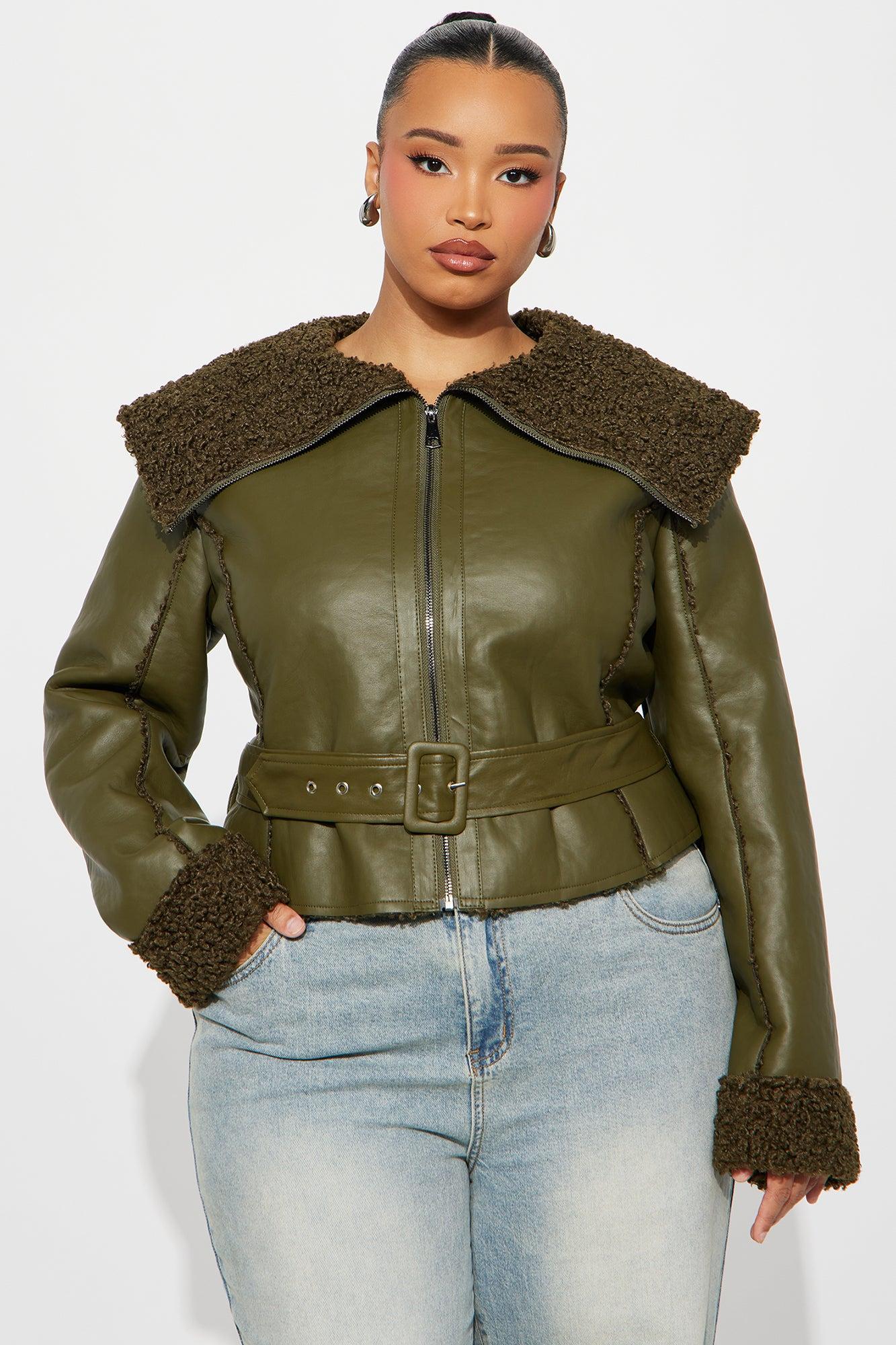 Paloma Faux Leather Sherpa Lined Coat - Olive Female Product Image