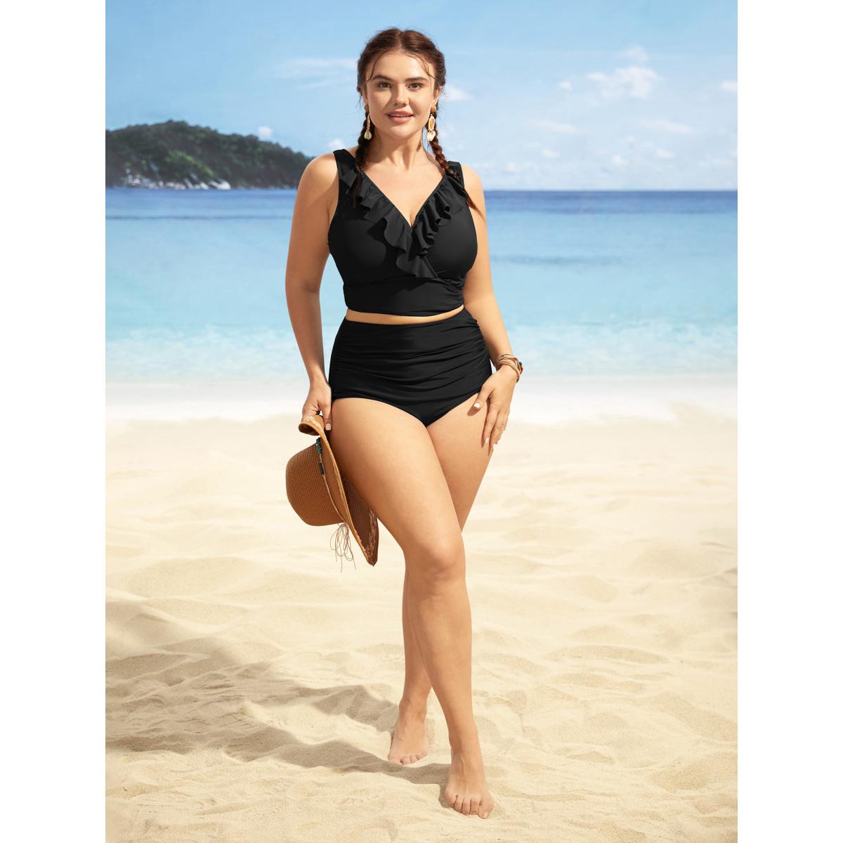 Plus Size Solid Ruffle Surplice Neck Trim Swim Top Women's Swimwear Black Resort Ruffles High stretch Skinny Overlap Collar Curve Swim Tops BloomChic 26/4X Product Image