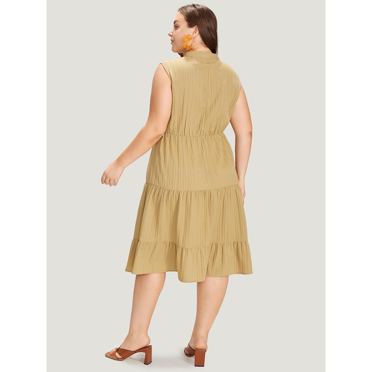Plus Size Textured Button Detail Ruffle Layered Hem Sleeveless Dress LightBrown Women Elegant Button Stand-up collar Sleeveless Curvy Midi Dress BloomChic 14-16/1X Product Image