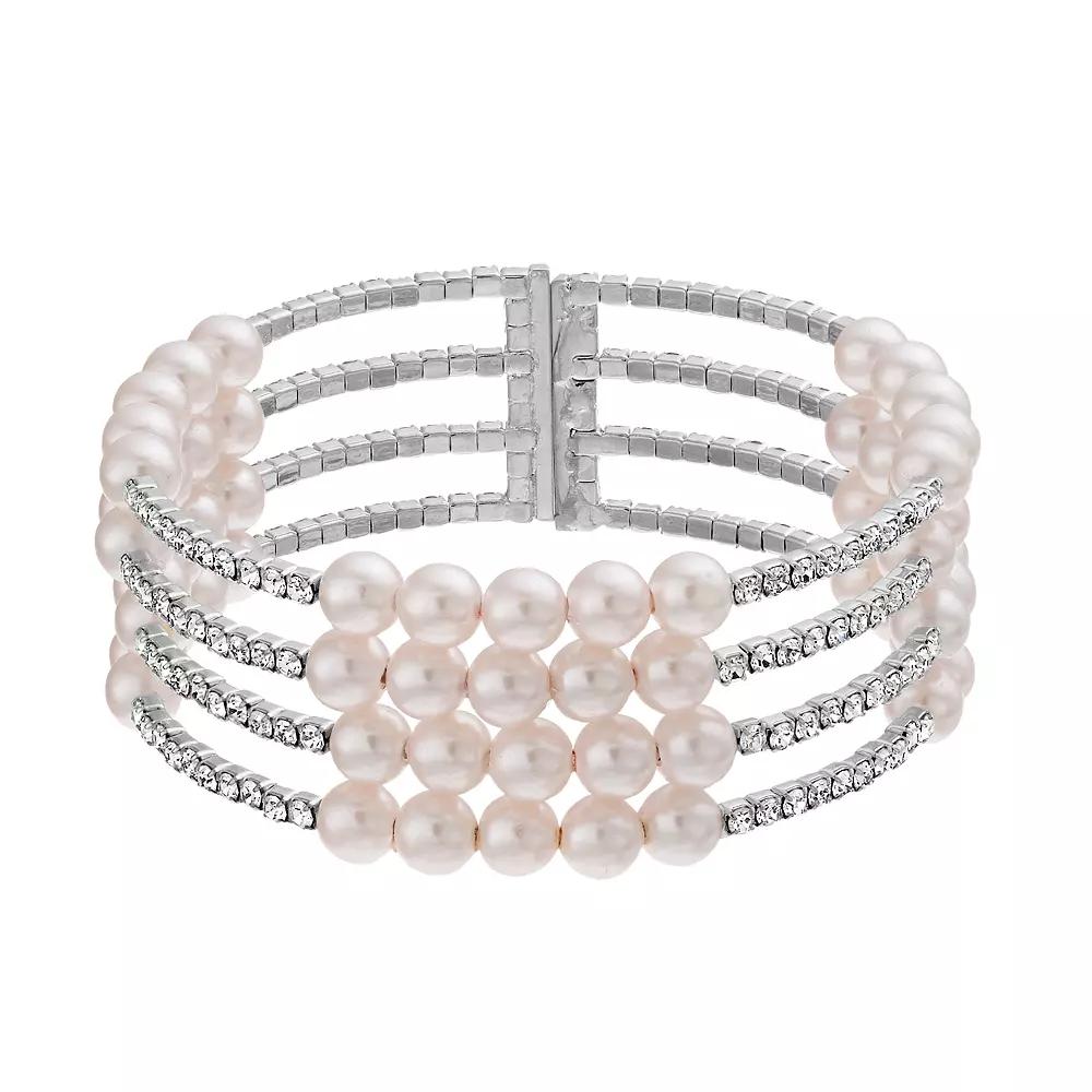 Vieste Four Row Crystal & Pearl Nickel Free Cuff Bracelet, Women's, Silver Tone Product Image