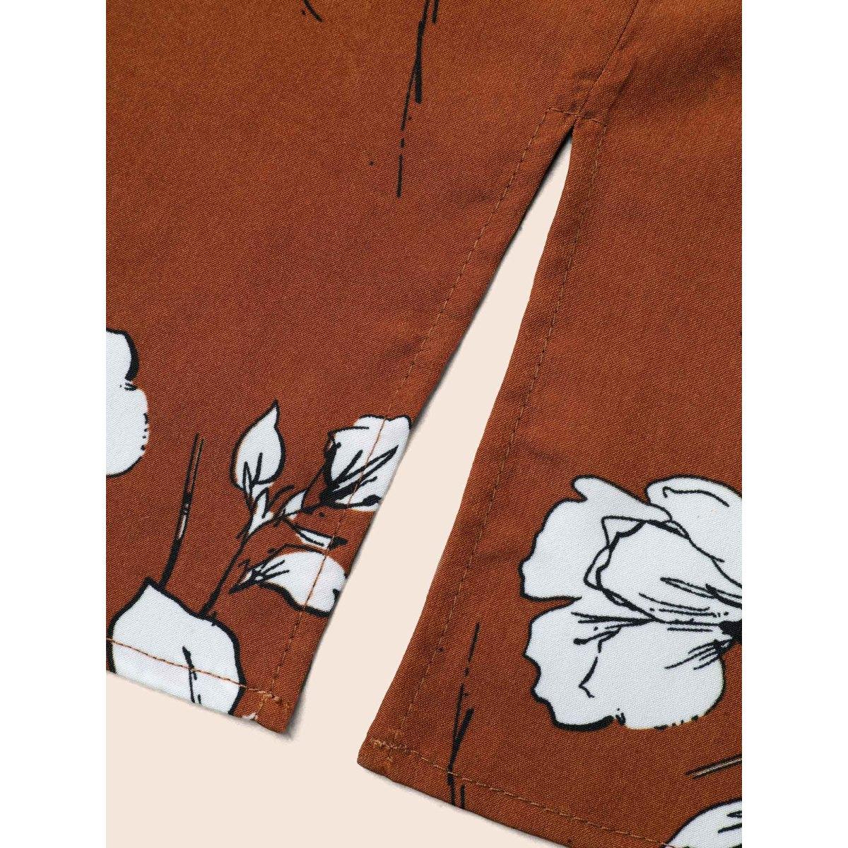 Plus Size Browncoffeecolor Floral Print Notched Collar Hi-Low Hem Blouse Women Elegant Half Sleeve Flat collar with V-notch Everyday Blouses BloomChic 14-16/1X Product Image