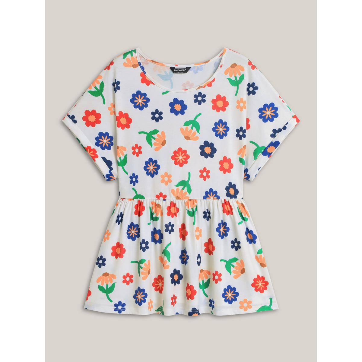 Plus Size Multi-Color Floral Print Babydoll Top Multicolor Women Gathered Natural Flowers Round Neck Everyday-Casual T-shirts BloomChic 18-20/2X Product Image
