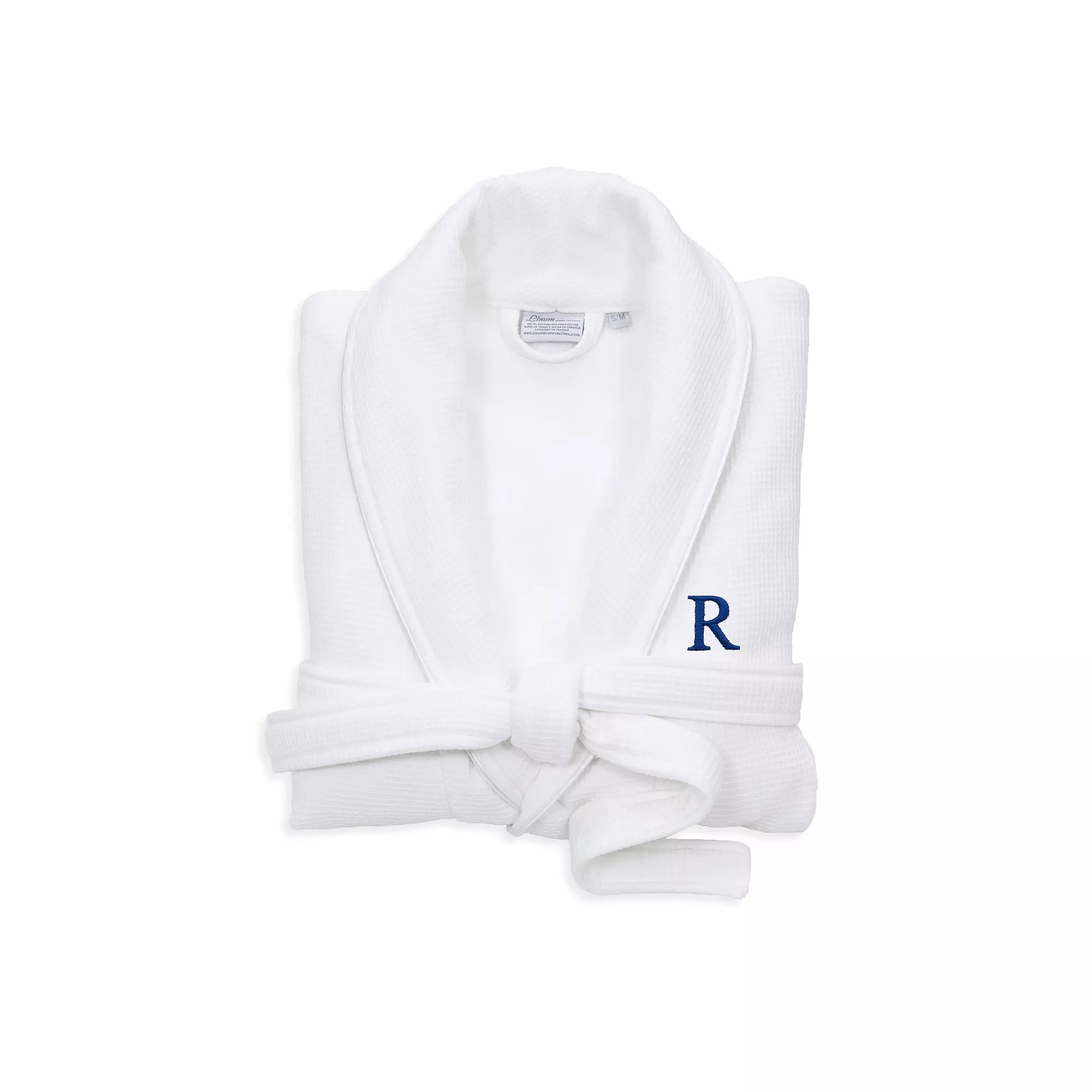Linum Home Textiles Blue Letter Unisex Personalized Turkish Cotton Waffle Terry Satin Piped Trim Bathrobe, Adult Unisex,  Product Image