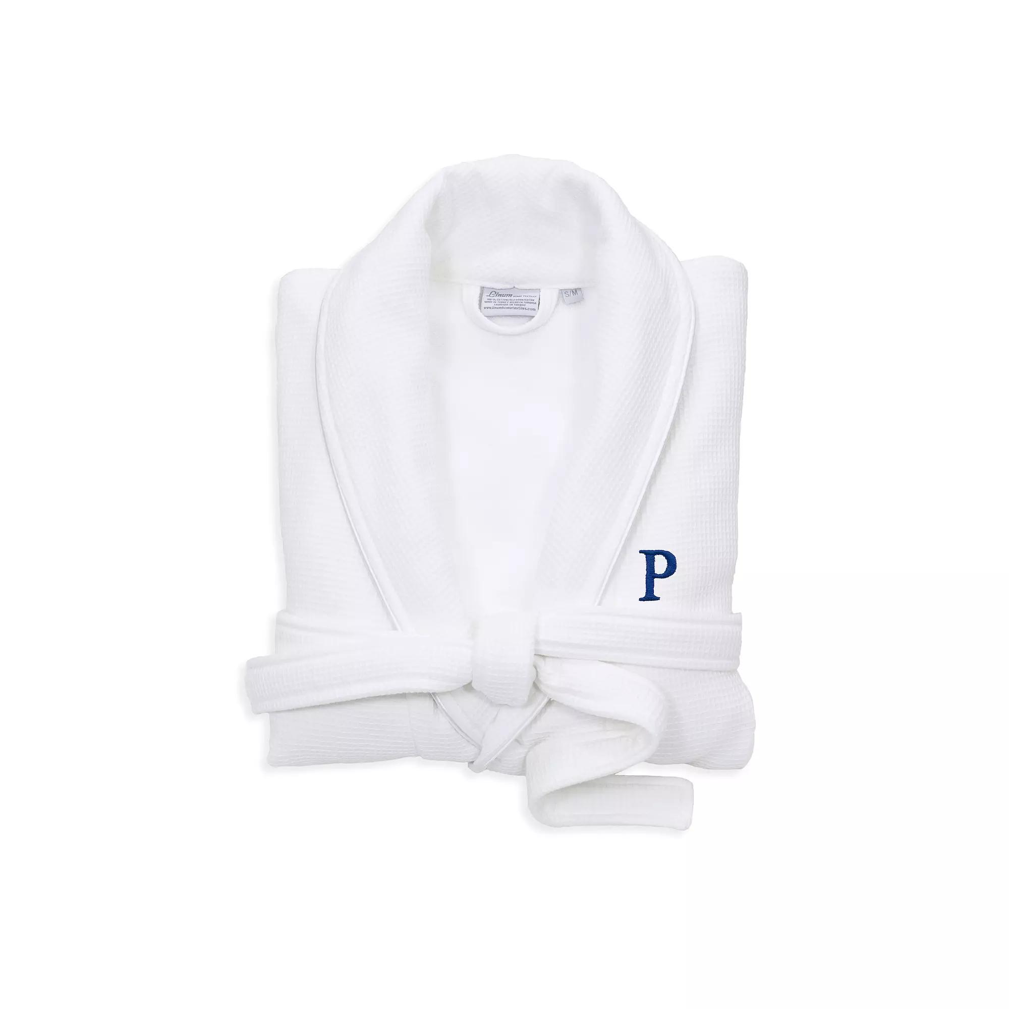 Linum Home Textiles Turkish Cotton Personalized Satin Piped Trim Waffle Terry White Bathrobe, Adult Unisex,  Product Image