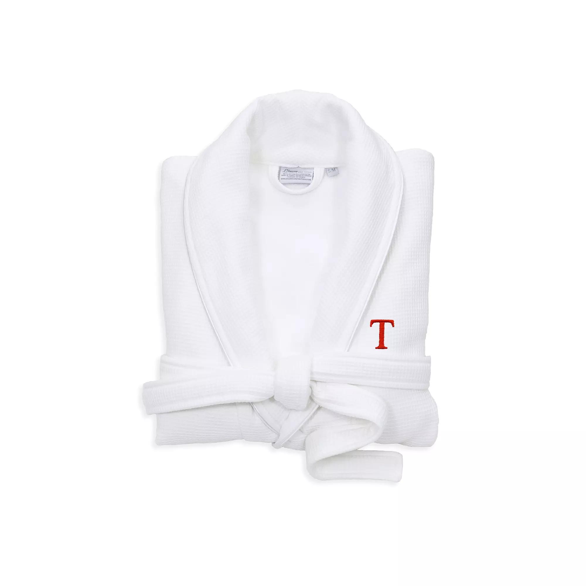 Linum Home Textiles Turkish Cotton Personalized Satin Piped Trim Waffle Terry White Bathrobe, Adult Unisex,  Product Image