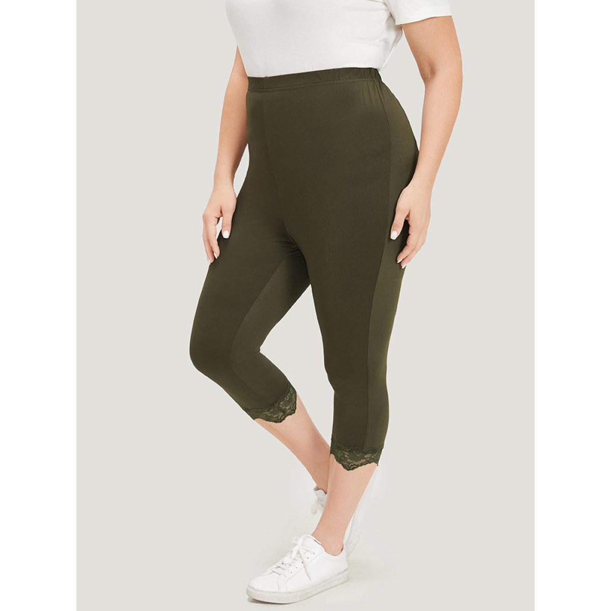 Plus Size Plain Lace Patchwork High Rise Leggings Women ArmyGreen Casual High stretch Skinny High Rise Dailywear Leggings BloomChic 30/6X Product Image