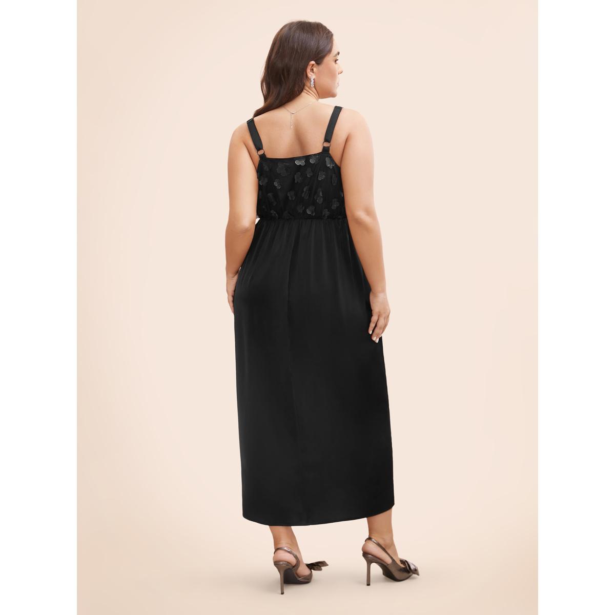 Plus Size Stereo Flower Design Split Hem Dress Black Women Cocktail Texture V-neck Sleeveless Curvy BloomChic 26/4X Product Image