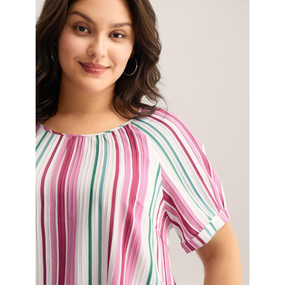 Plus Size Multicolor Stripe Print Round Neck Blouse Women Short sleeve Round Neck Everyday-Casual Blouses BloomChic 22-24/3X Product Image