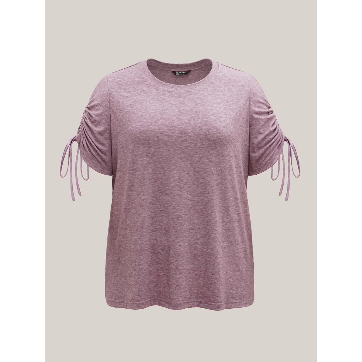 Plus Size Stretchy Heather Fabric Drawstring Sleeve T-Shirt Mauve Women Elegant Drawstring Round Neck Everyday T-shirts BloomChic 12/L Product Image