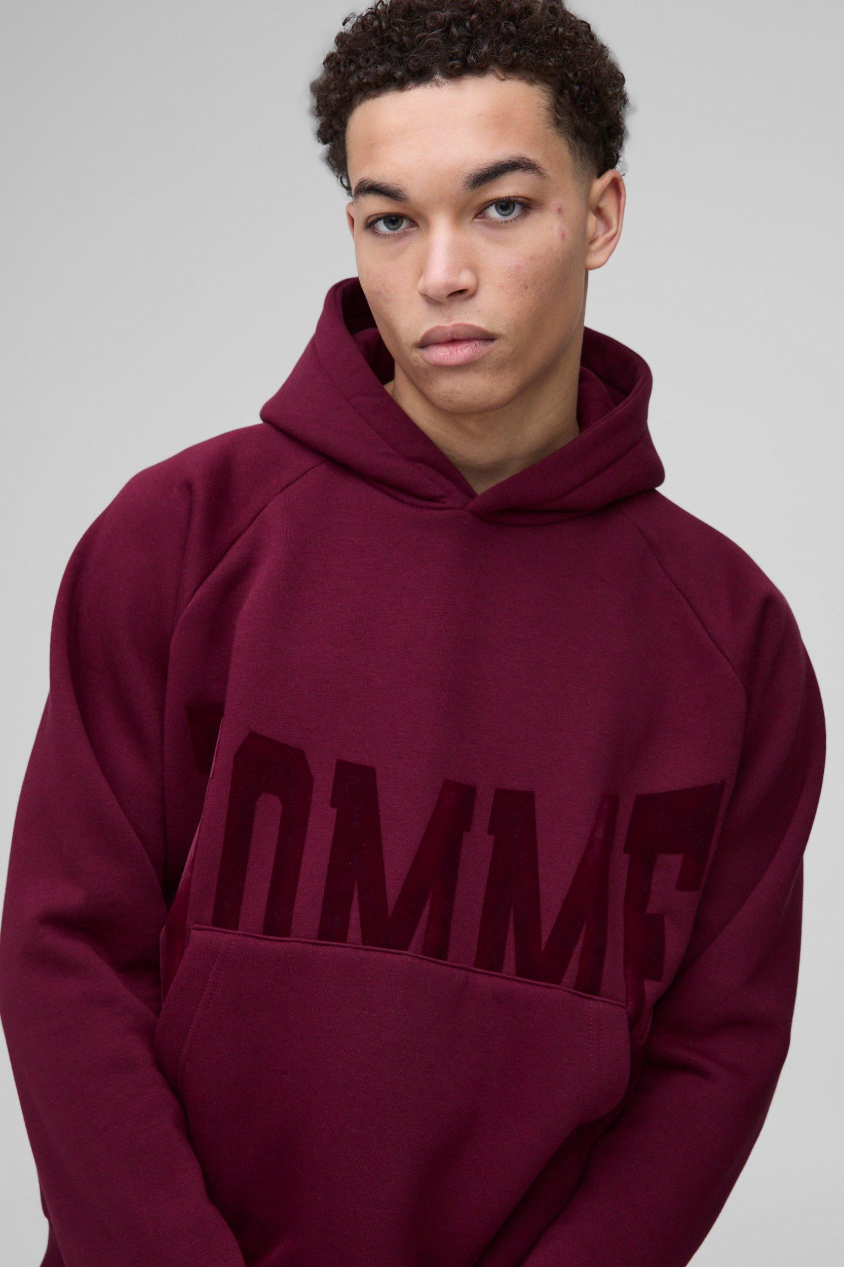 Oversized Boxy Homme Flock Print Raglan Hoodie | boohooMAN USA Product Image