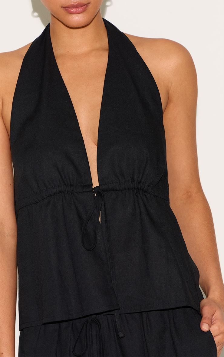 Black Linen Look Tie Waist Longline Top Product Image