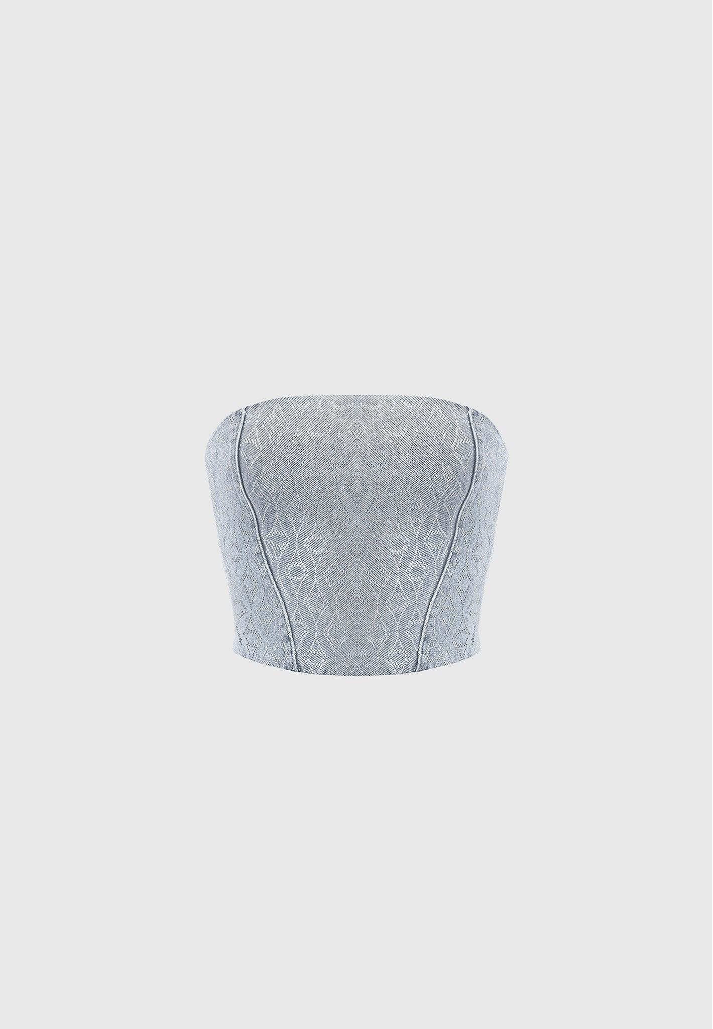 Rhinestone Eiffel Denim Bandeau Corset Top - Mid Blue Female Product Image