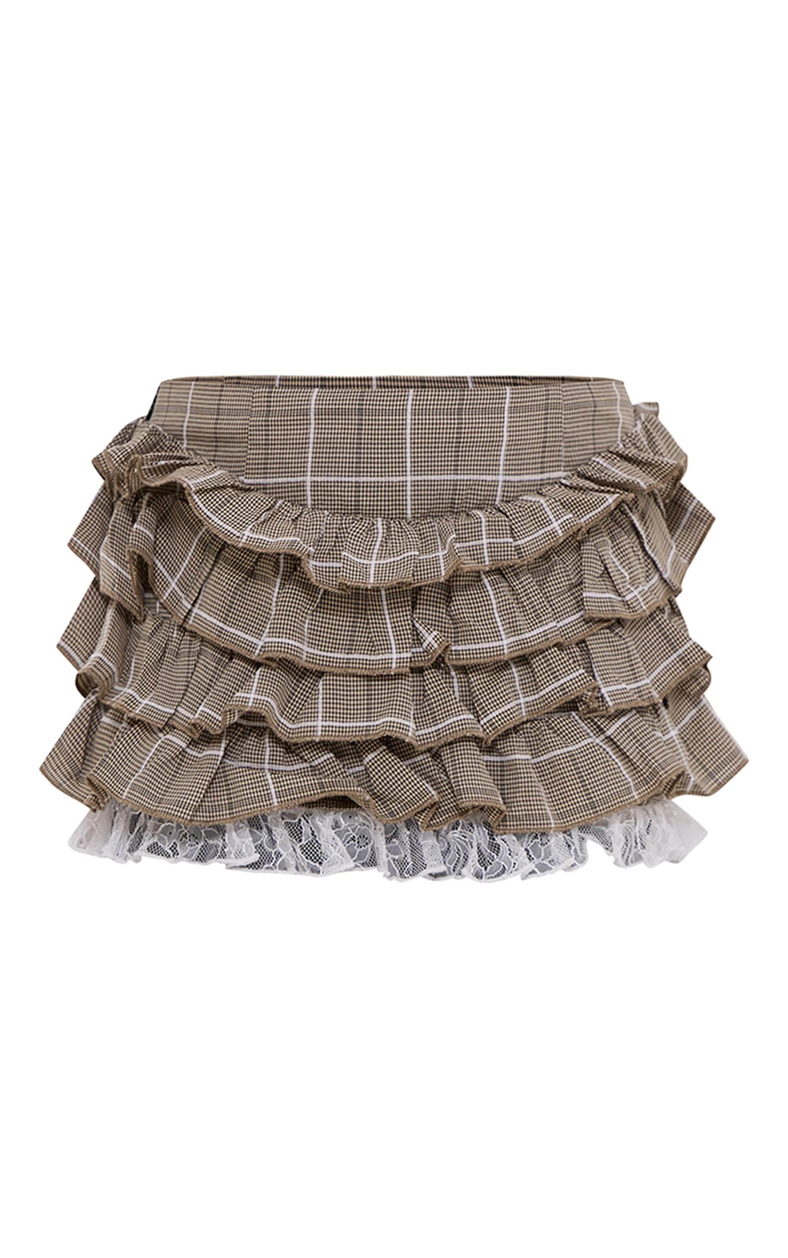 Brown Plaid Printed Lace Detail Ruffled Rara Skirt Product Image