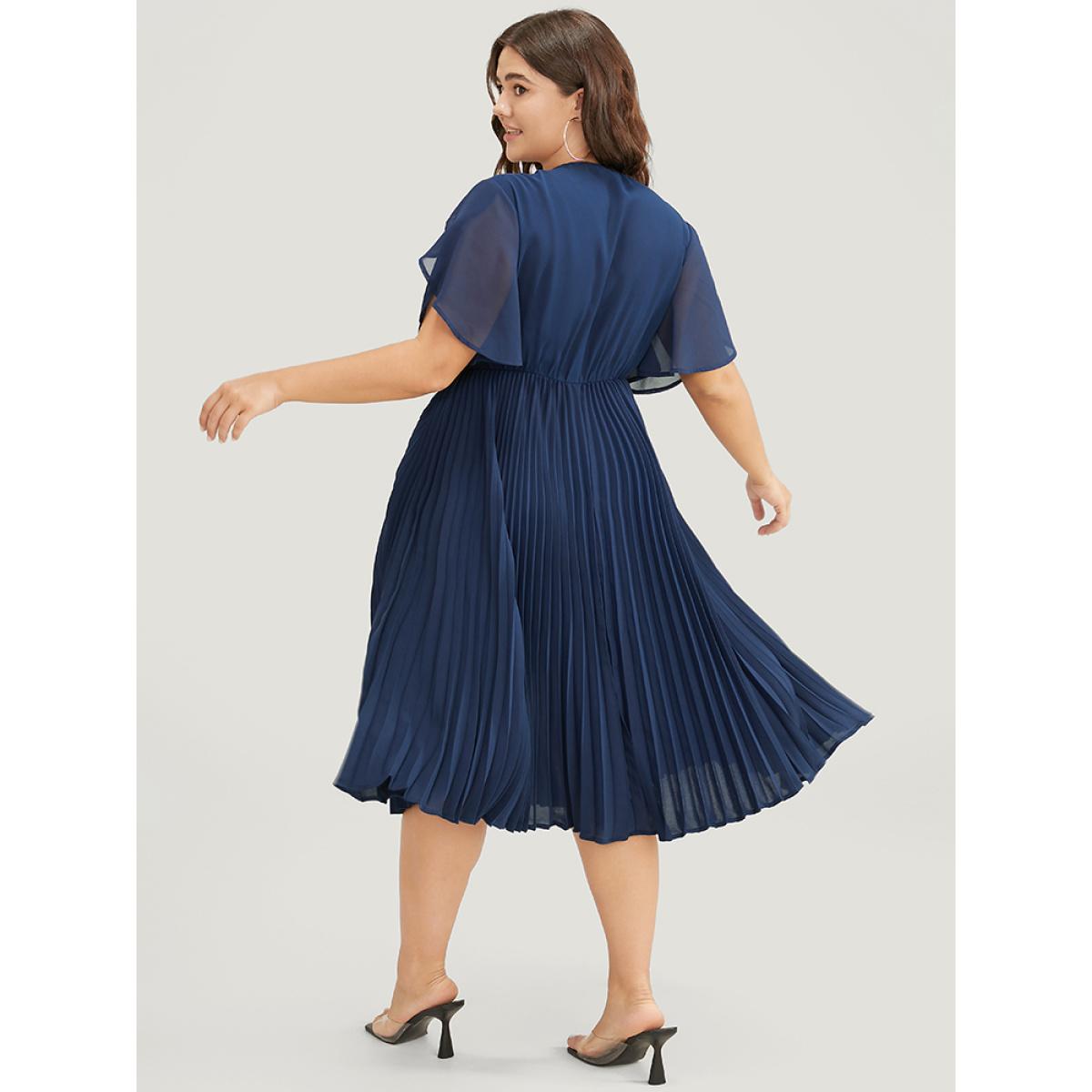 Plus Size Solid Keyhole Split Chiffon Petal Sleeve Pleated Hem Dress Navy Women Office Plain V-neck Short sleeve Curvy Midi Dress BloomChic 22-24/3X Product Image