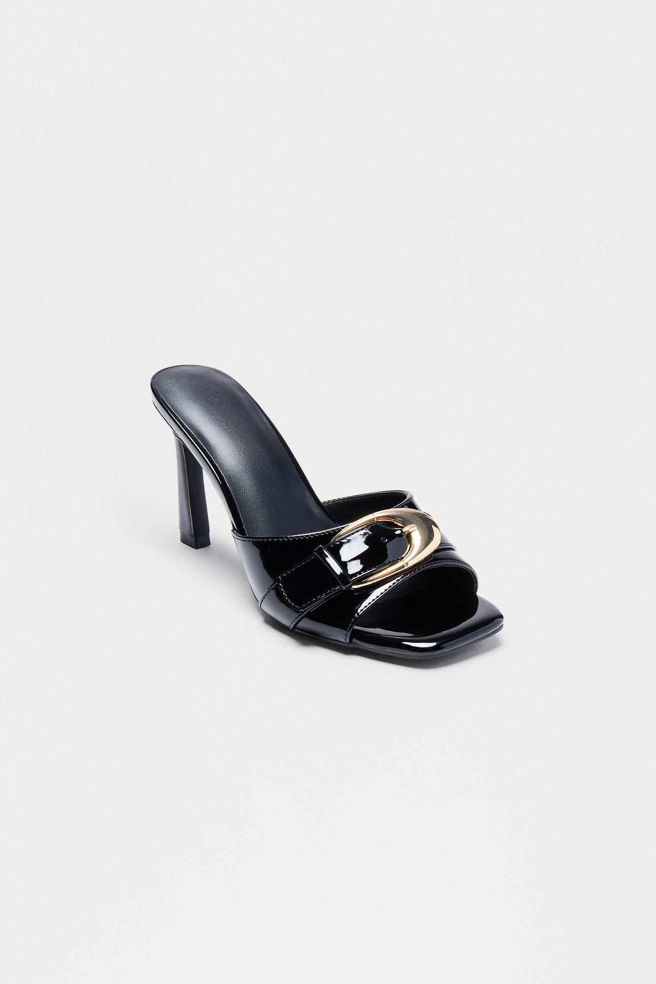 Siella Buckle Faux Patent Mules - Black Female Product Image