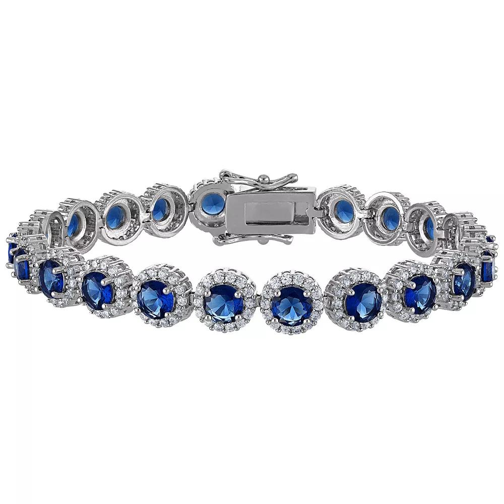 Ivy Sharpe Gold Plated Simulated Gemstone Halo Tennis Bracelet, Women's, Size: 7.25", Gold Tone Blue Product Image
