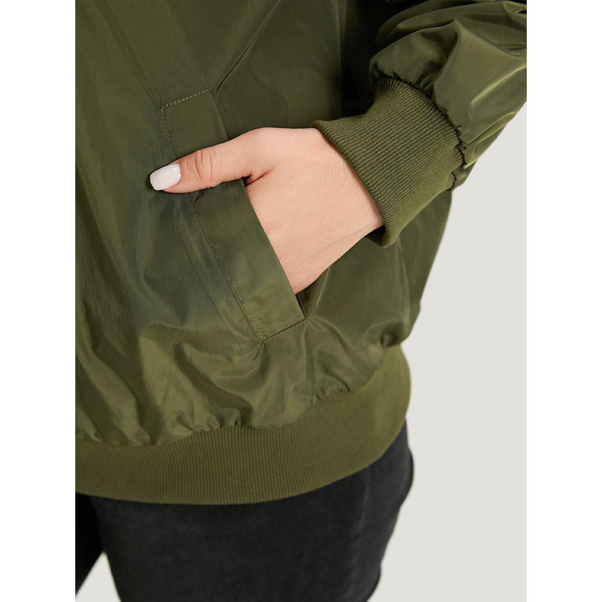 Plus Size Plain Zipper Pocket Elastic Cuffs Jacket Women ArmyGreen Plain Pocket Dailywear Jackets BloomChic 12/L Product Image