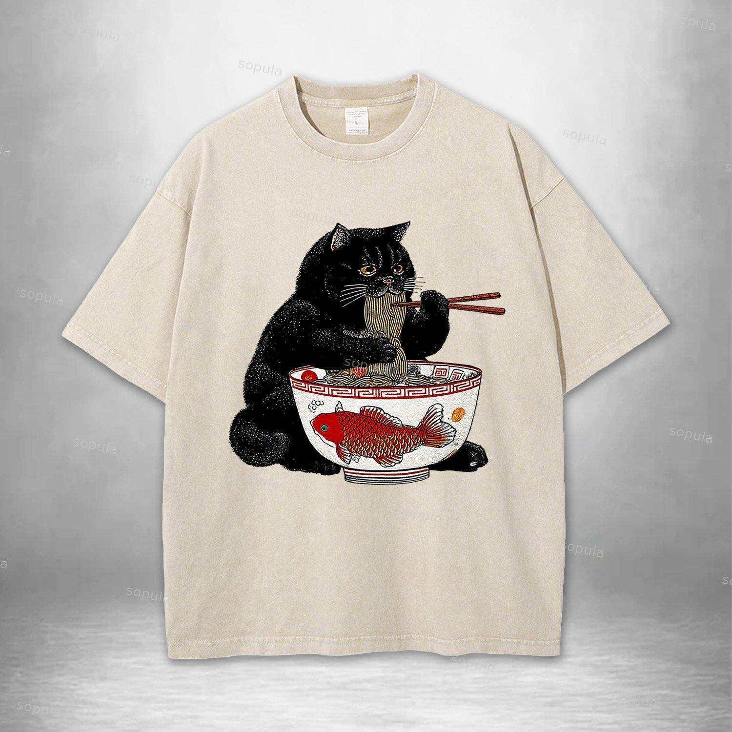 Fat Cat Eating Ramen Acid Washed T-shirt Product Image