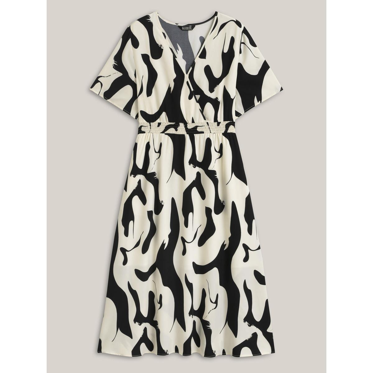 Plus Size Geometric Print Surplice Neck Midi Dress Black Women Overlap Collar Short sleeve Curvy BloomChic 10/M Product Image