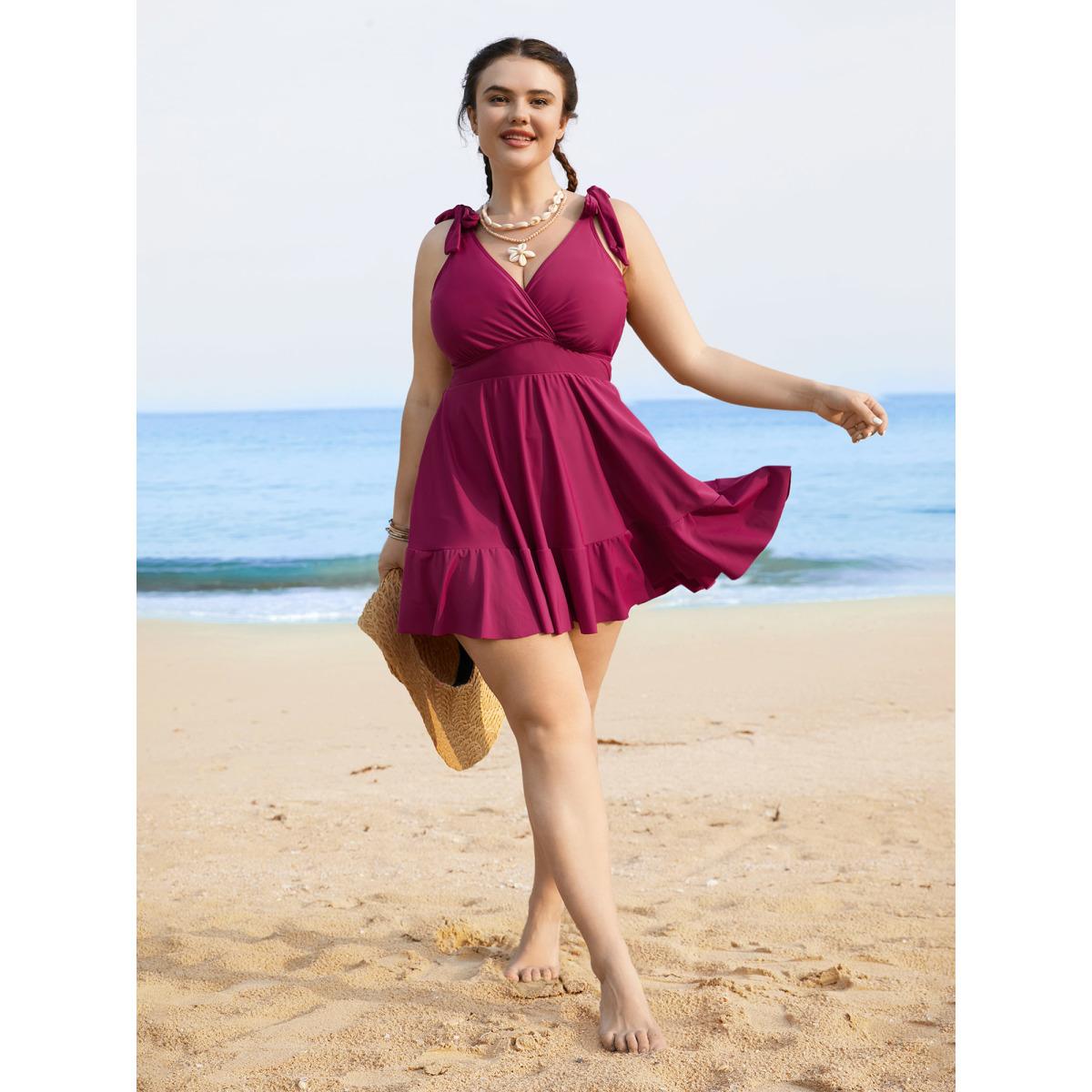 Plus Size Solid Tie Knot Pocket Ruffles Swim Dress Women's Swimwear RedViolet Beach Bodycon Overlap Collar High stretch Curve Swim Dresses BloomChic 12/L Product Image