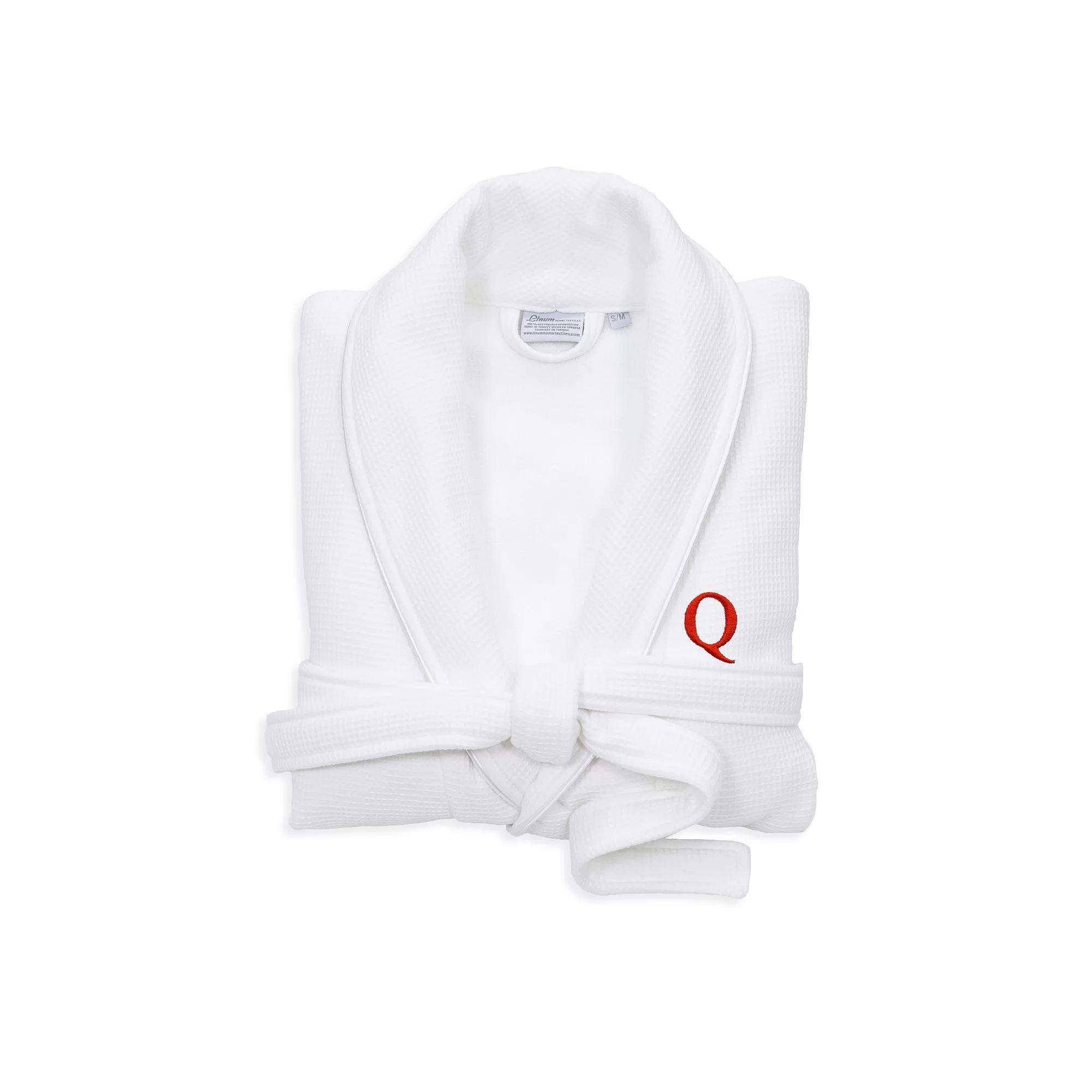 Linum Home Textiles Turkish Cotton Personalized Satin Piped Trim Waffle Terry White Bathrobe, Adult Unisex,  Product Image
