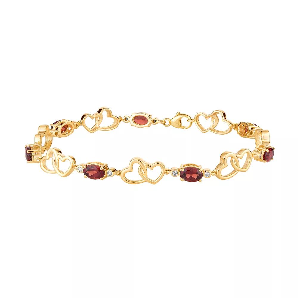 10k Gold Garnet & 1/6 Carat T.W. Diamond Double Heart Link Bracelet, Women's, Size: 7.5" Product Image