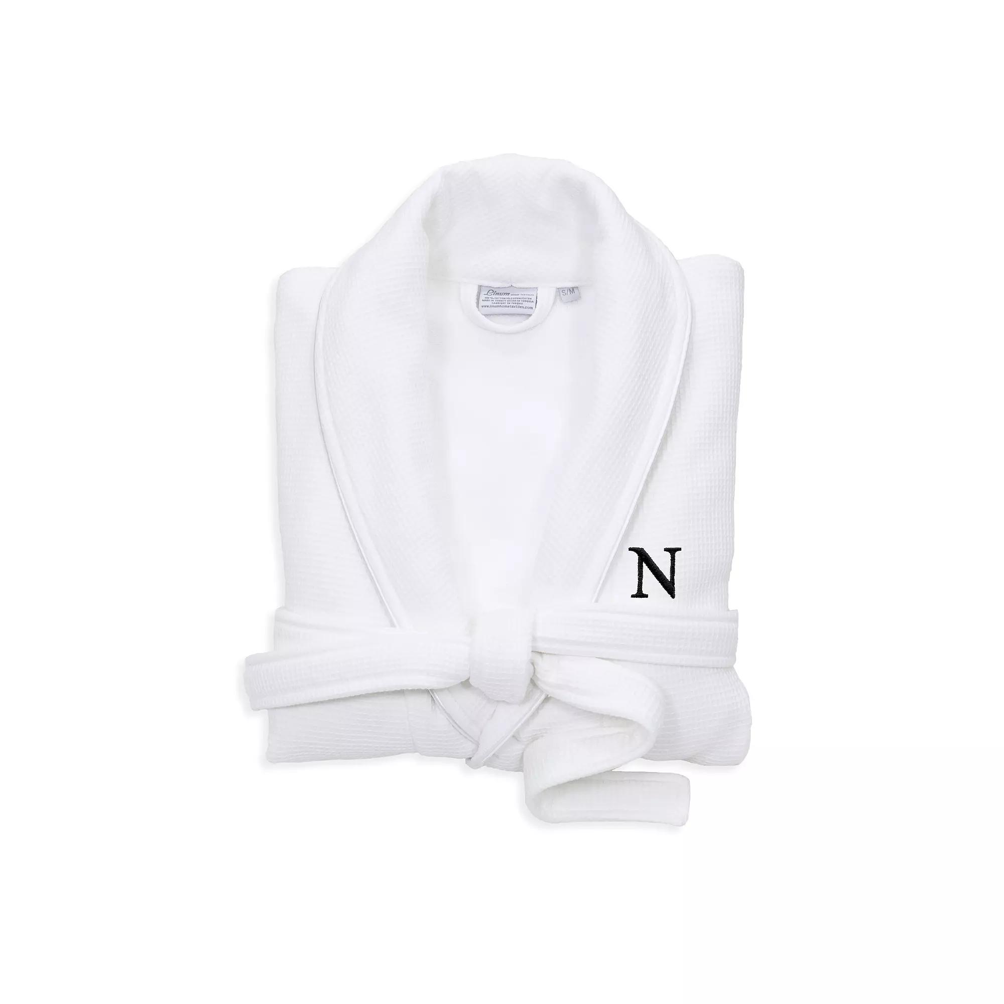 Linum Home Textiles Turkish Cotton Personalized Satin Piped Trim Waffle Terry White Bathrobe, Adult Unisex,  Product Image