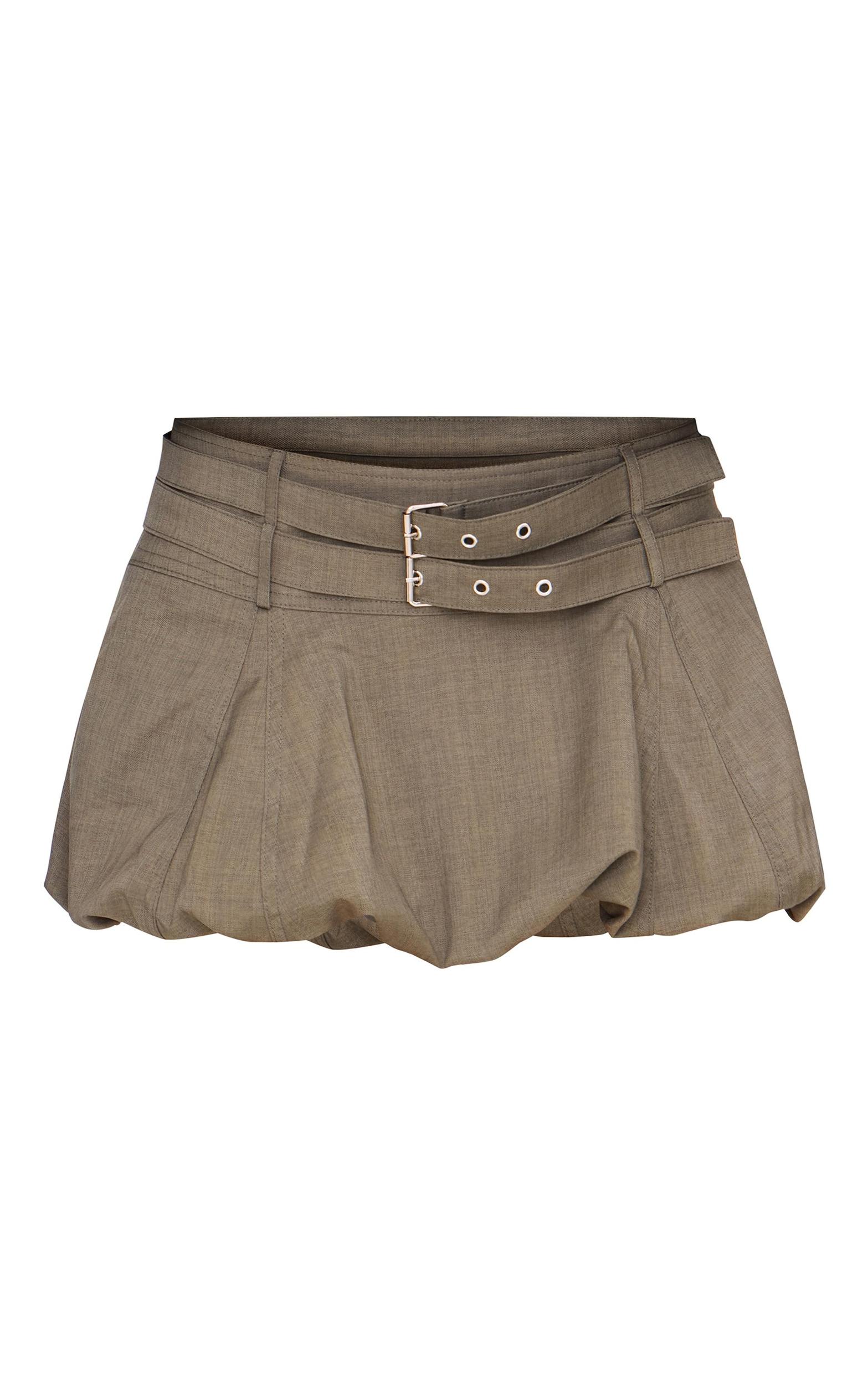 Khaki Double Belt Detail Puffball Mini Skirt Product Image