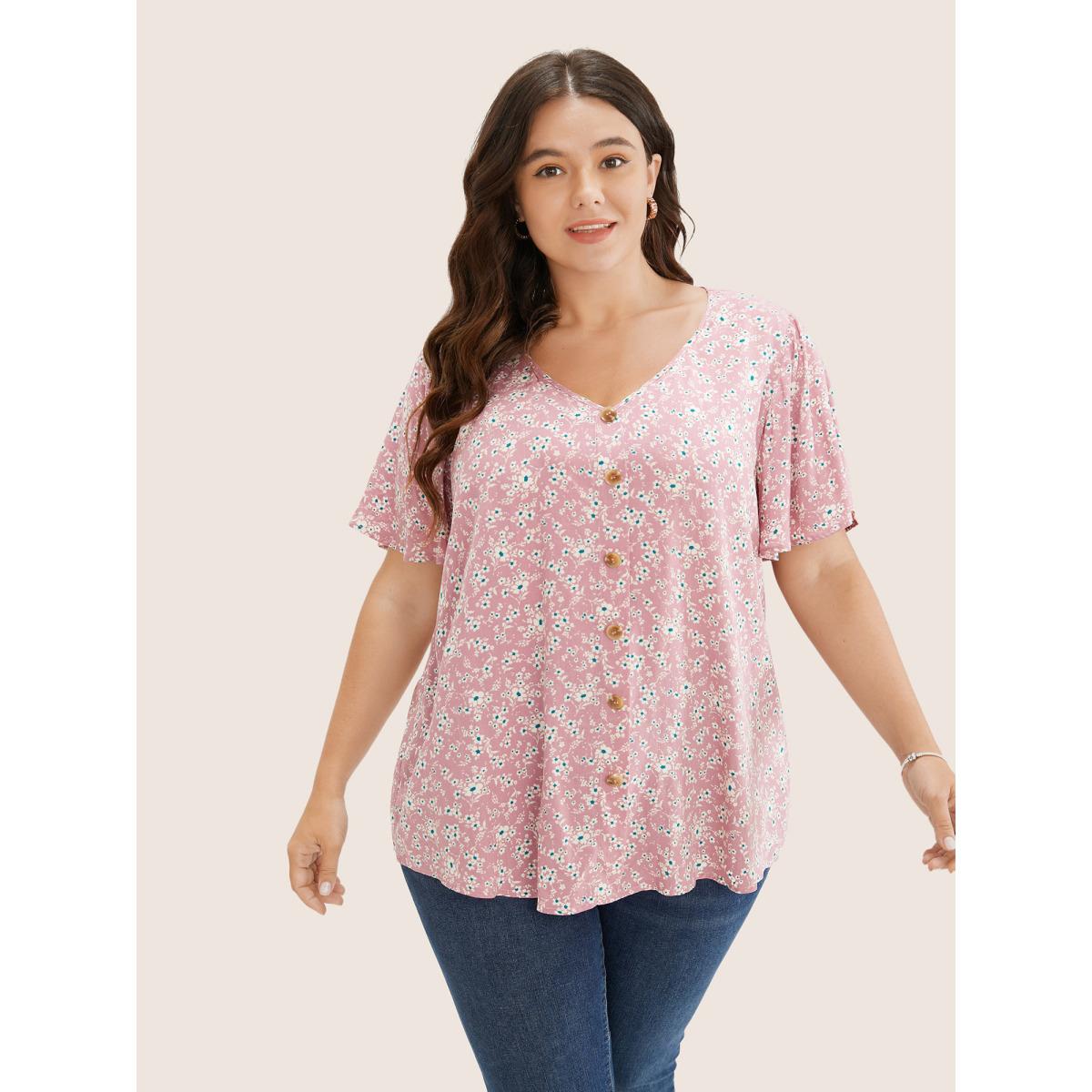 Plus Size Pink Ditsy Floral Contrast Ruffle Sleeve Button Detail Blouse Women Elegant Short sleeve Non Everyday Blouses BloomChic 12/L Product Image