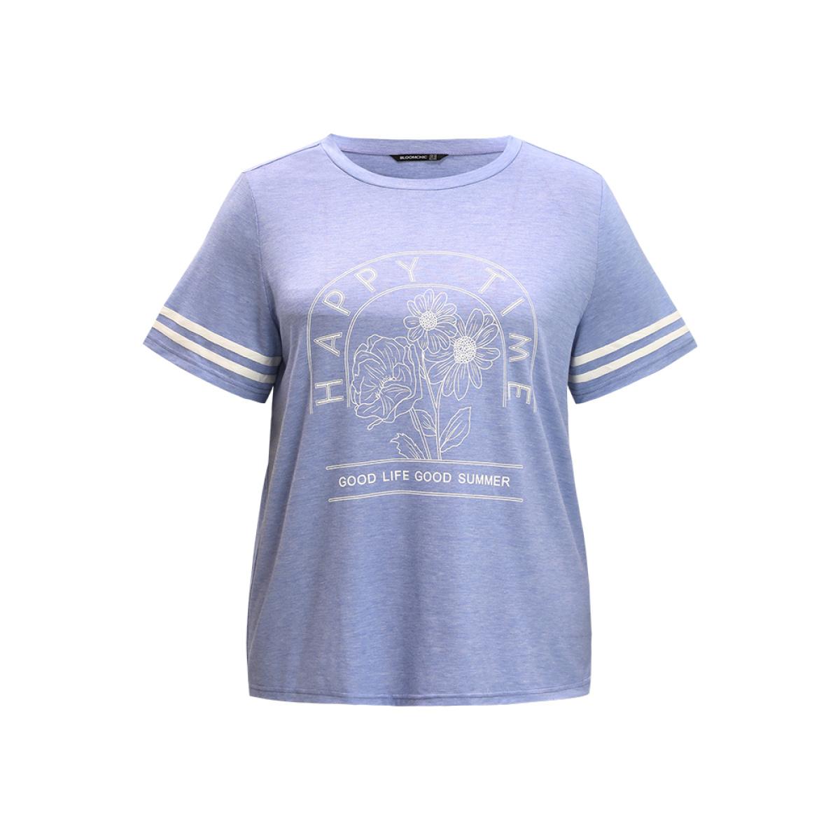 Plus Size Floral & Letter Print Contrast Round Neck Sleep Top Women LightBlue Casual Floral Contrast Round Neck Loungewear BloomChic 28/5X Product Image