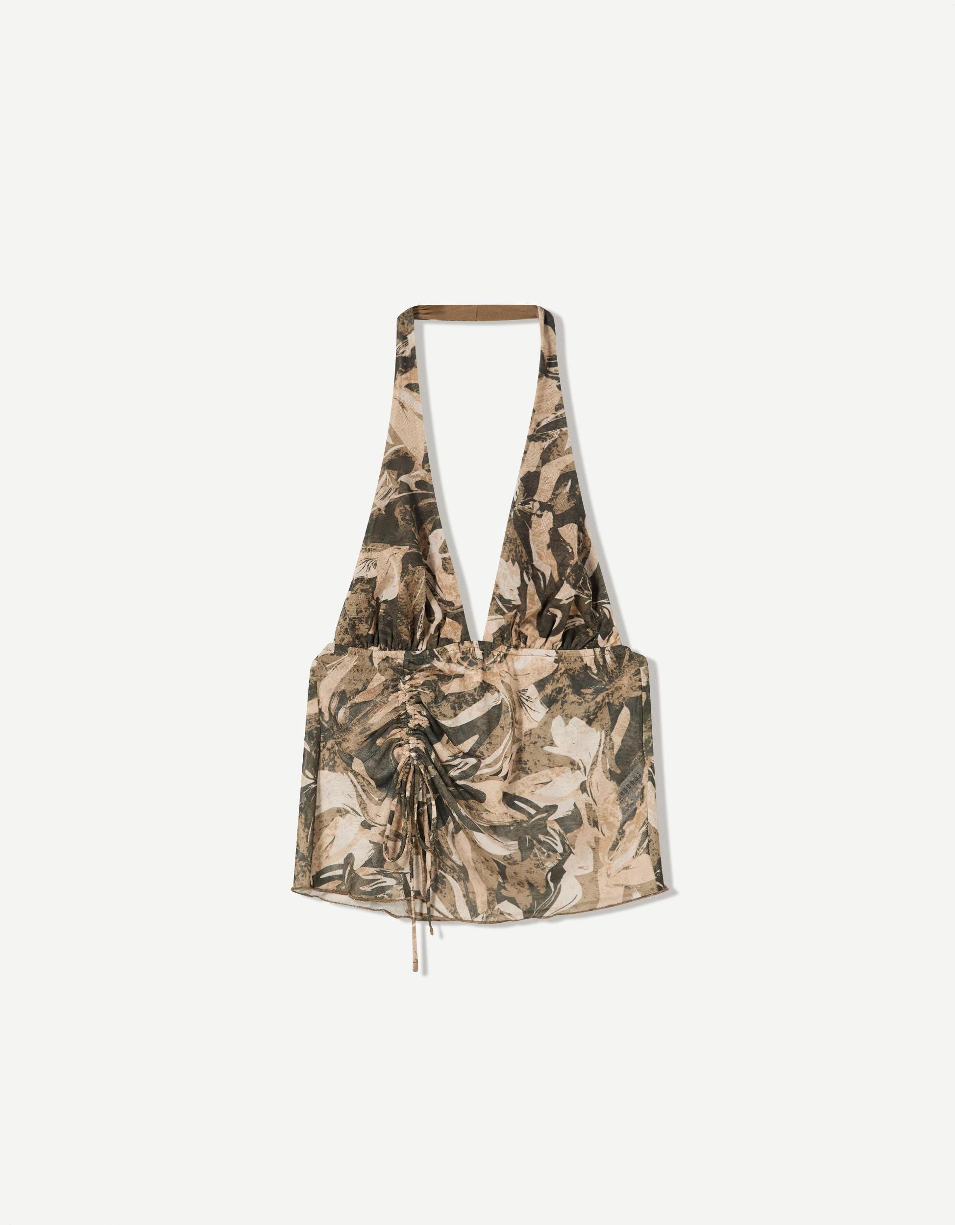 Gathered printed tulle halter top Product Image