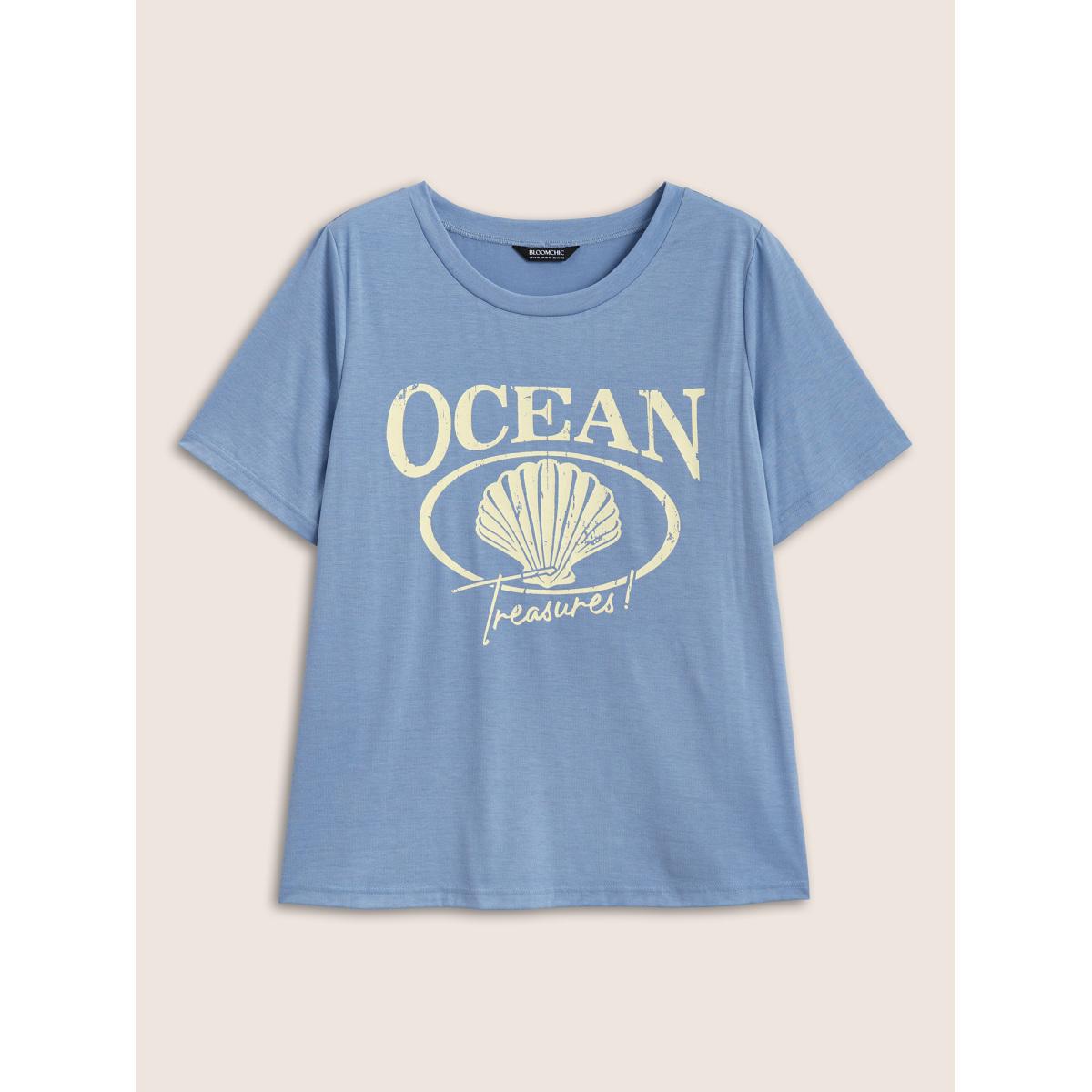 Plus Size Round Neck Sea Shells Print T-shirt Stone Women Resort Contrast Marine Round Neck Vacation T-shirts BloomChic 10/M Product Image