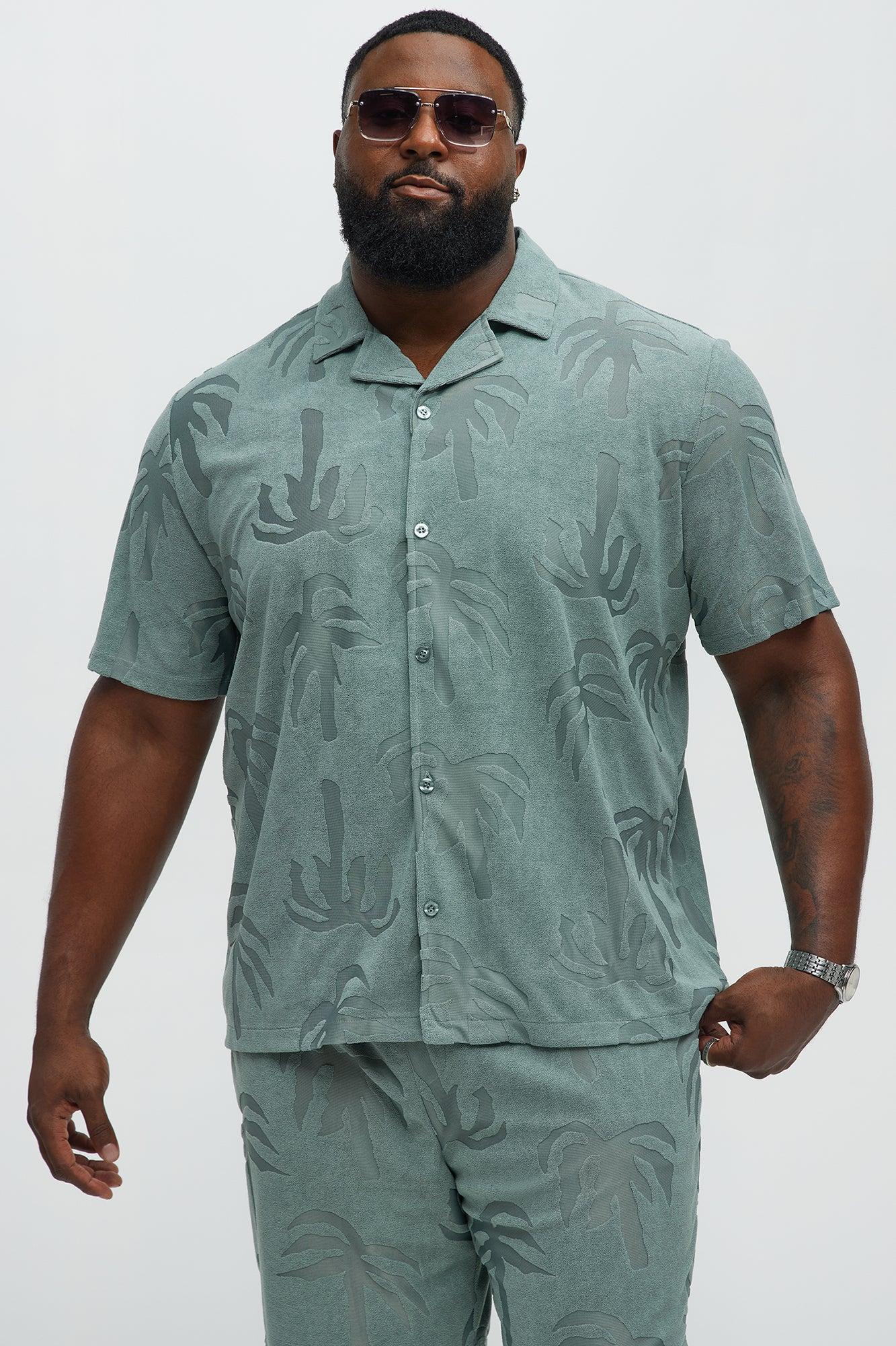 Tropical Trees Jacquard Cuban Button Down Shirts  - Sage Product Image