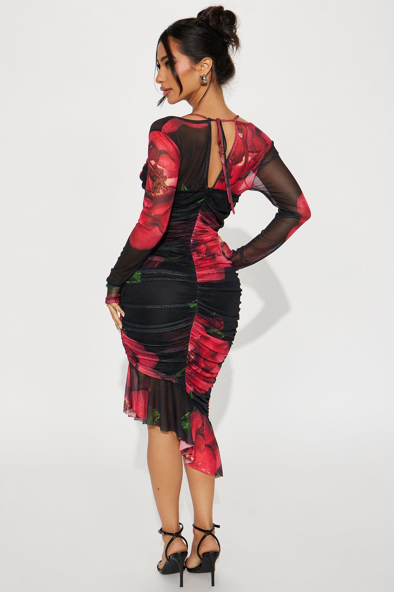 Rosanna Floral Mesh Midi Dress - Red/combo Product Image