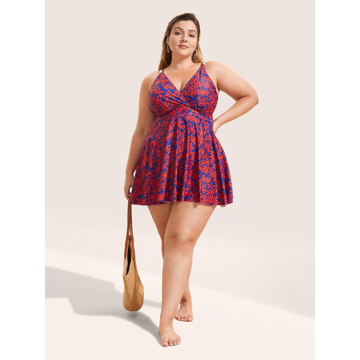 Plus Size Tropical Wrap Bodycon Cami Swim Dress Women's Swimwear DarkBlue Beach Bodycon V-neck High stretch Curve Swim Dresses BloomChic 10/M Product Image