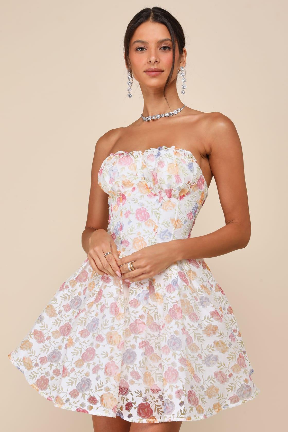 Deeply Adorable White Burnout Floral Strapless Mini Dress Product Image