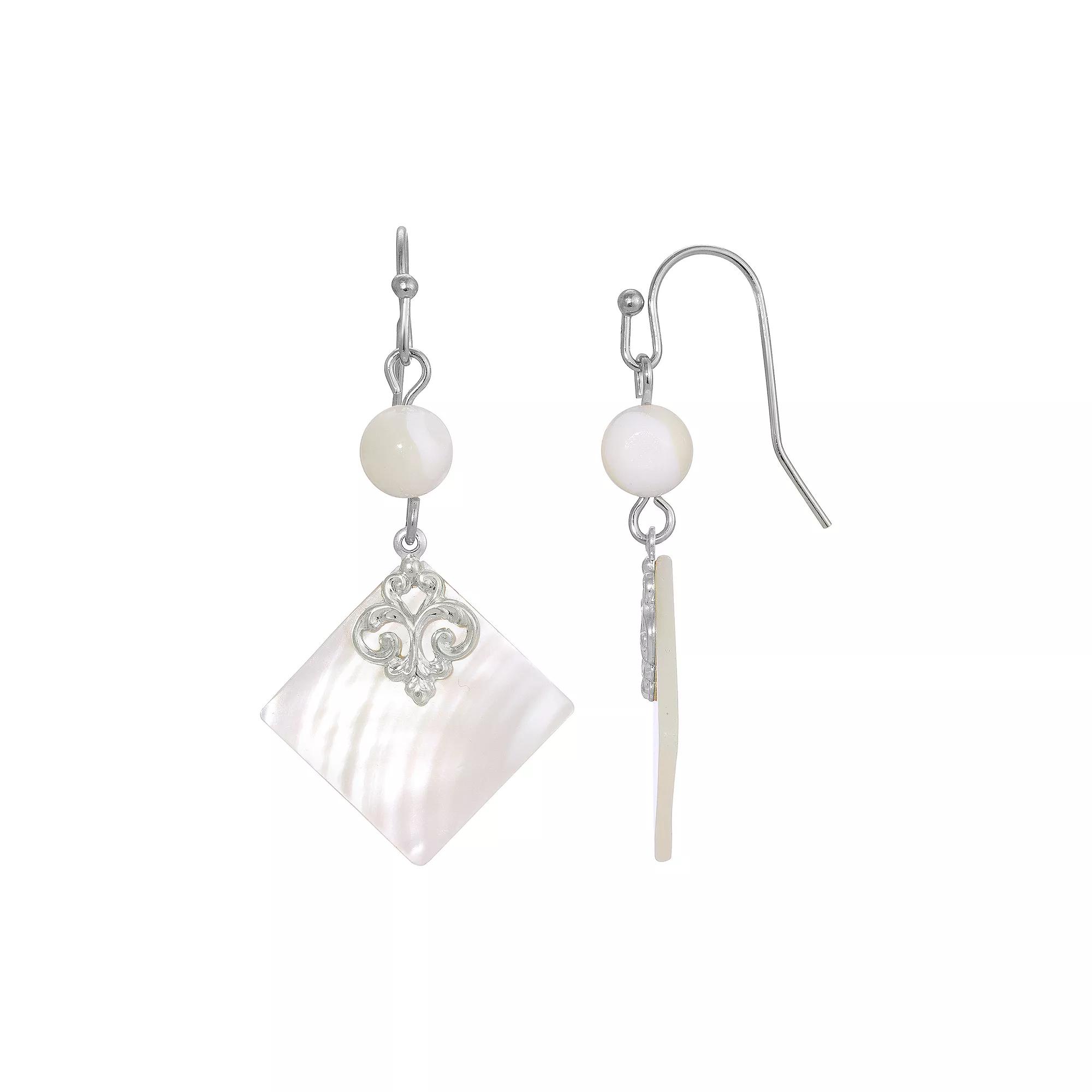 1928 Silver Tone Simulated Mother Of Pearl Shell Stone And Bead Drop Earrings, Women's, White Product Image