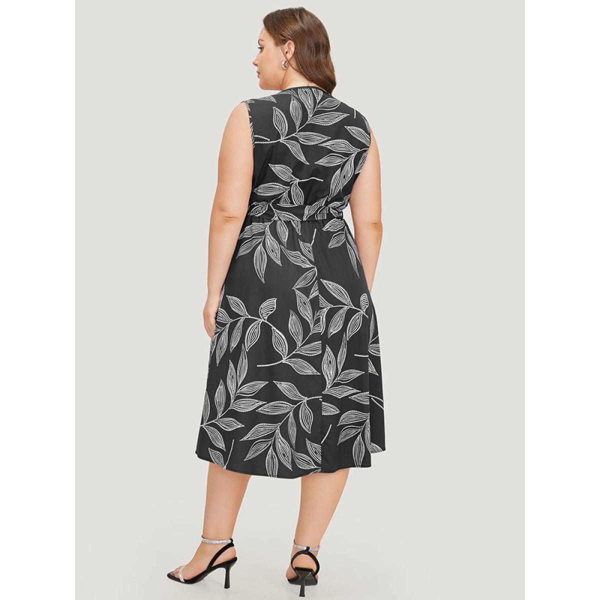 Plus Size Plants Print Overlap Collar Belted Tank Dress Black Women Office Wrap V-neck Sleeveless Curvy Knee Dress BloomChic 30/6X Product Image